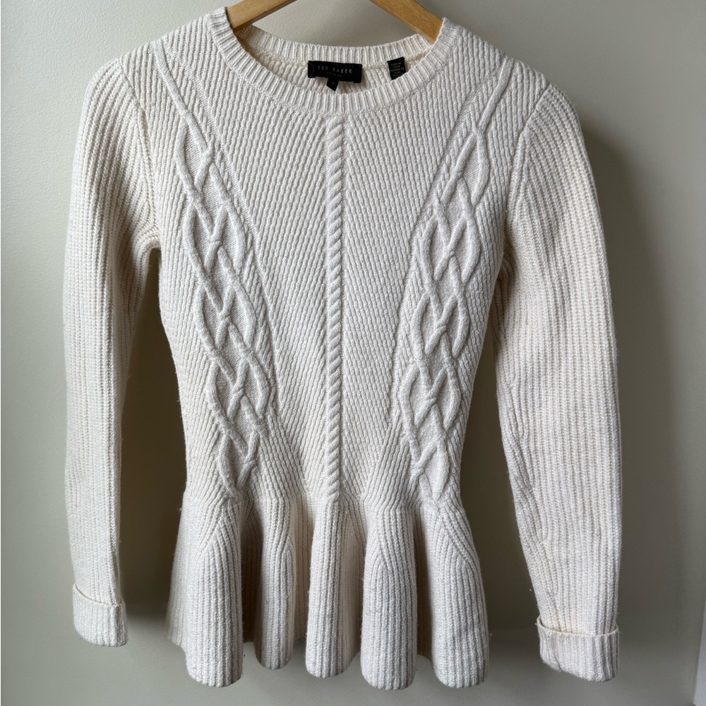 TED BAKER Cable Knit Peplum Sweater Feminine Coquette Aran Cream Comfy Cozy XS